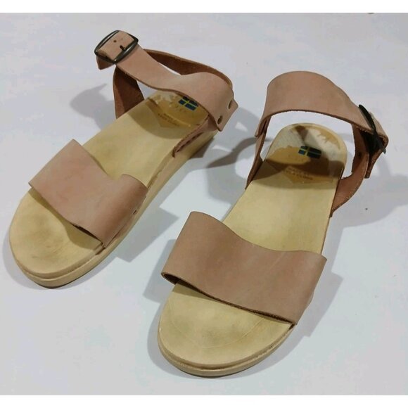 Sven 2 Strap Open Toe Low Clogs Sandals Size 41 10.5-11 Nu Buc Tan Flat Buckle - Picture 1 of 12